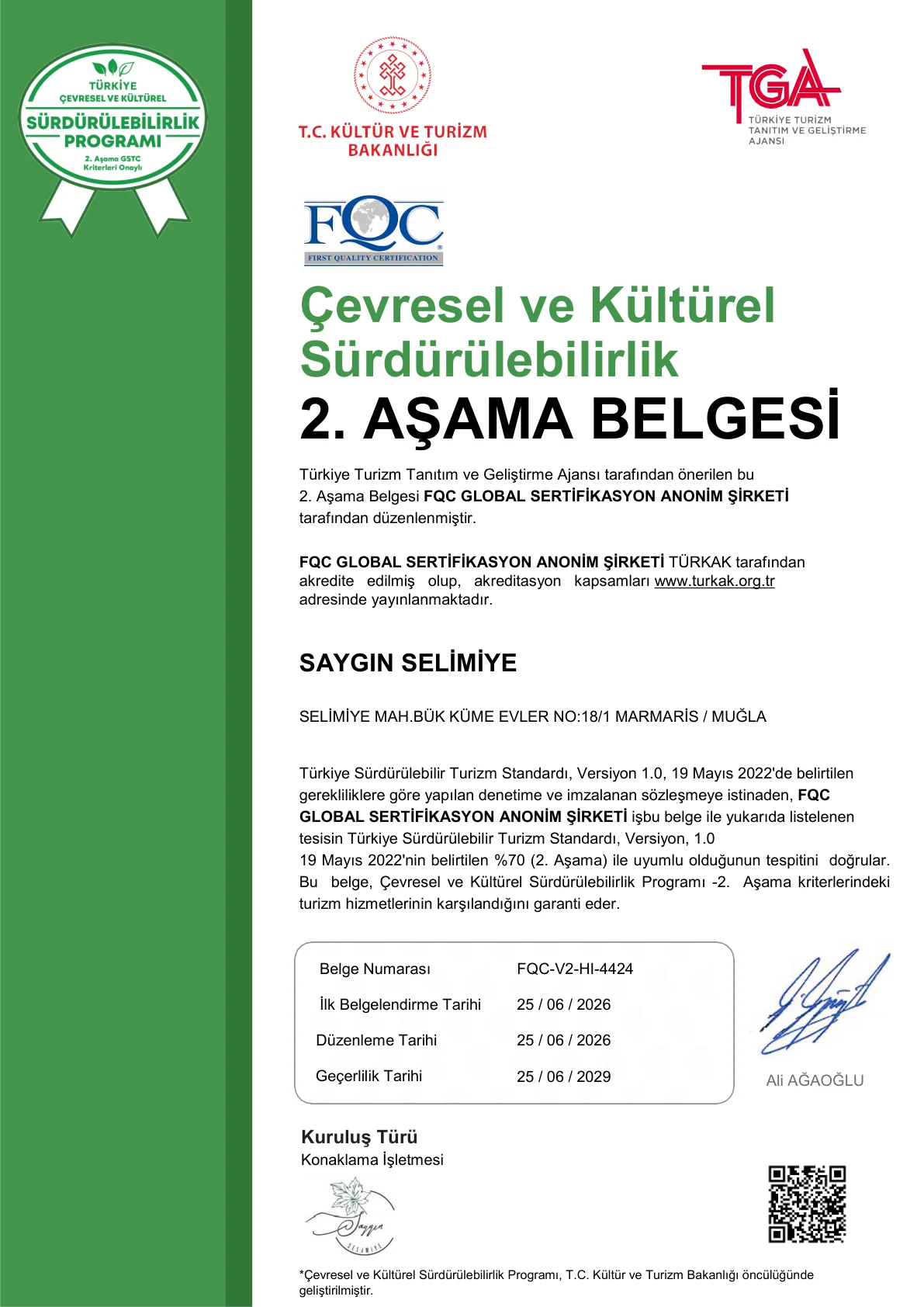 Saygın Otel sürdürülebilirlik belgesi